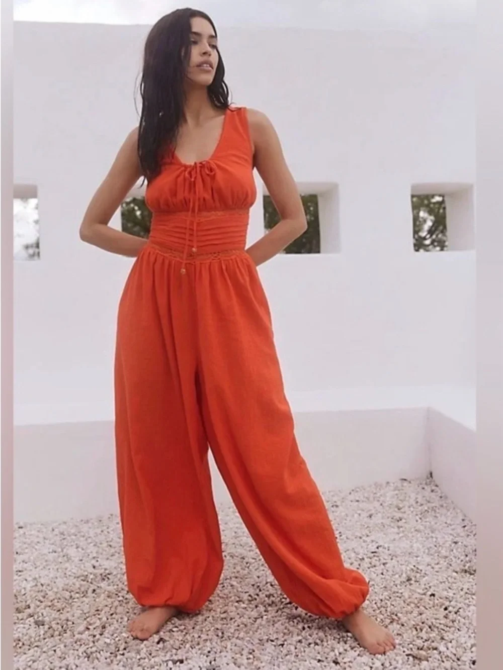 Free People Livin’ Lovely Crochet Cotton Jumpsuit Orange Small